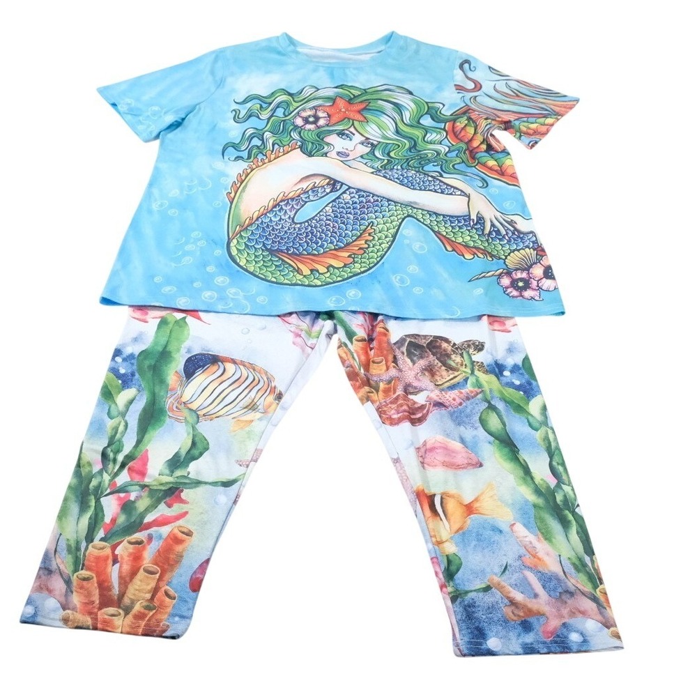 Unbranded‎ Pajama Set Womens XXL Blue Mermaid Undersea Print Sleepwear 2pc Set